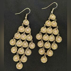 Gold-Tone & Nude Enamel 3.75” Chandelier Floral Earrings, Flower/Daisy/Sunflower